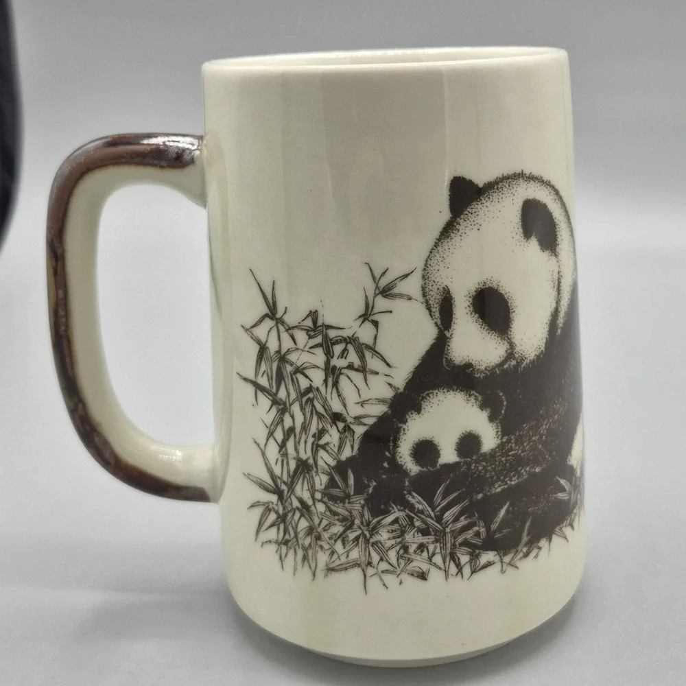 Panda Bear Coffee Mug Vintage Japan Cup Mom Baby Bamboo Brown Cream - Picture 2 of 6